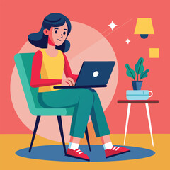 a girl is using his laptop vector