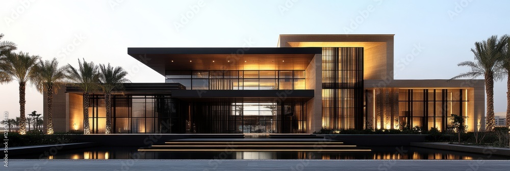 Aufkleber modern architectural masterpiece illuminated at dusk with palm trees in the foreground. generative a