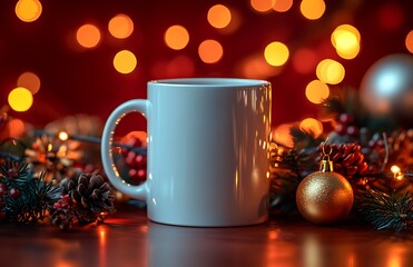 White mug on wooden table with Christmas ornaments and lights.