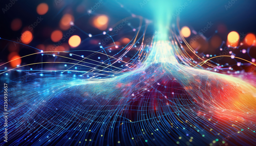 Poster 3d illustration of neural network with flowing data streams, representing big data and cyber technol