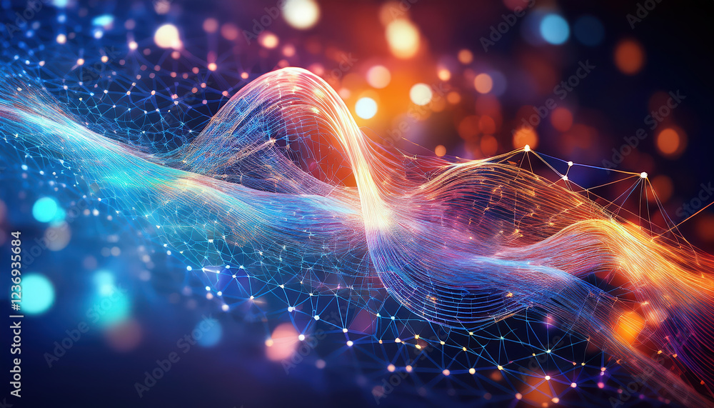 Poster 3d illustration of flowing data streams vibrant colors, representing big data and neural networks, s