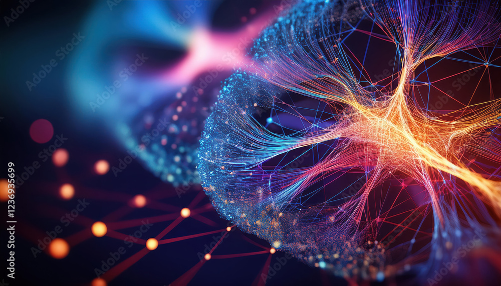 Poster 3d illustration of neural network with flowing data streams, representing big data and cyber technol