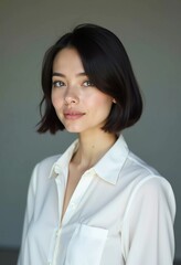 Fototapeta premium A young professional in a white shirt stands showcasing a warm smile in a contemporary office environment filled with soft, ambient light. Cute Asian brunette with bob haircut. Generative AI