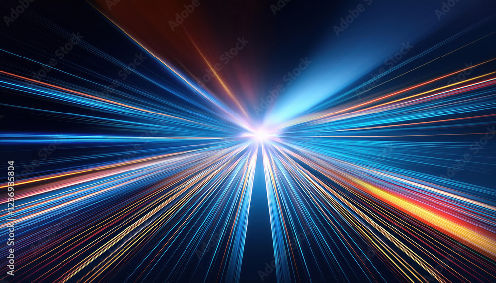 Poster dynamic abstract lines in vibrant colors radiate from central light source, creating sense of high s