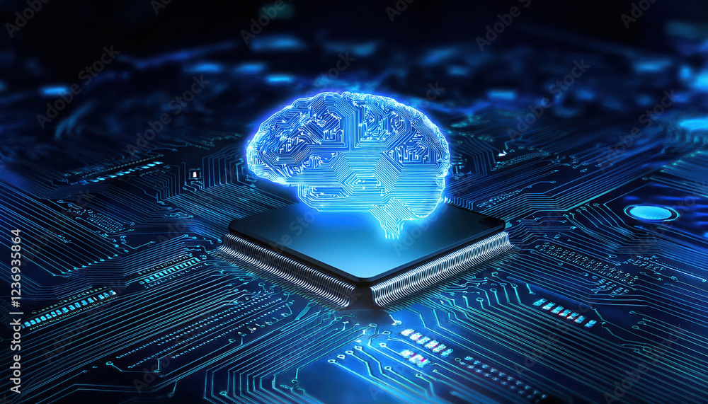 Poster 3d rendering of ai hardware with glowing blue brain circuit on microchip, showcasing advanced techno