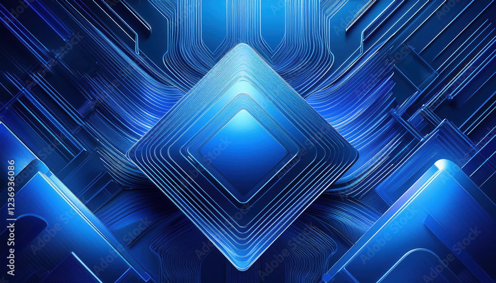 Poster blue geometric shape with sharp angles and smooth curves, set against abstract tech background, evok
