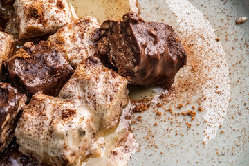 Indulge in a decadent dessert featuring rich layers of chocolate and creamy textures. This mouthwatering treat is perfect for satisfying sweet cravings.