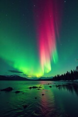 radiant green and red aurora borealis sweeping across a canvas of glittering stardust trails, iridescent, shimmering