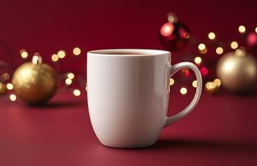 Obraz premium Cozy Christmas mug of hot beverage on red background with bokeh lights and ornaments.