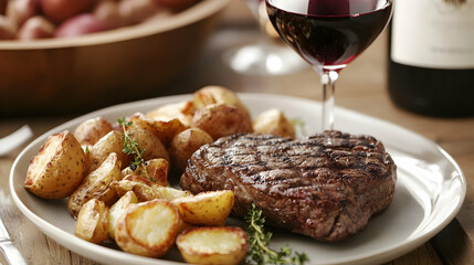 Sophisticated Valentine dinner table featuring steak, roasted potatoes and wine in a refined fine-dining atmosphere
