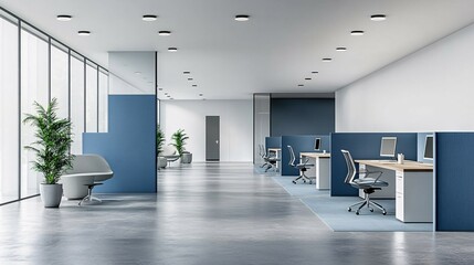 Fototapeta premium Modern Office Interior Design with Blue Partitions and Grey Floor