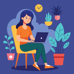 a girl is using his laptop vector