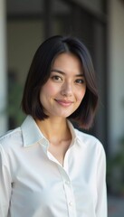 Fototapeta premium A young professional in a white shirt stands showcasing a warm smile in a contemporary office environment filled with soft, ambient light. Cute Asian brunette with bob haircut. Generative AI
