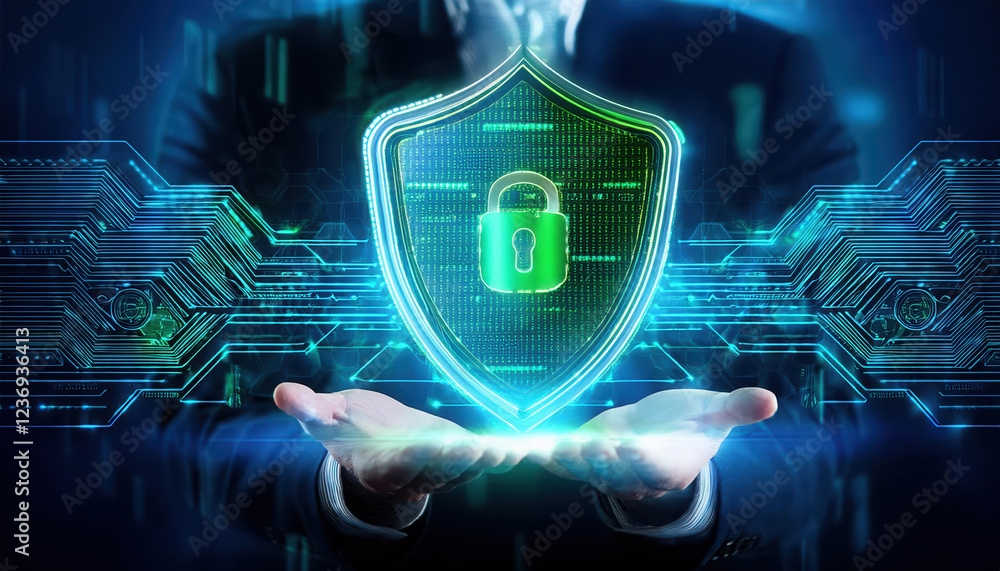 Poster futuristic concept of internet security featuring digital shield and lock, symbolizing blockchain te