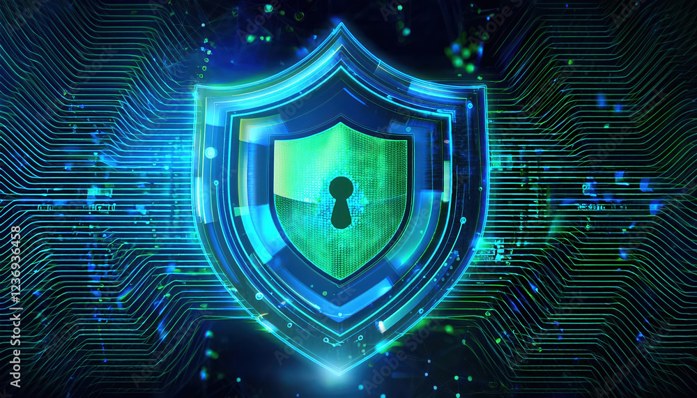 Poster futuristic shield symbolizing internet security with blockchain technology