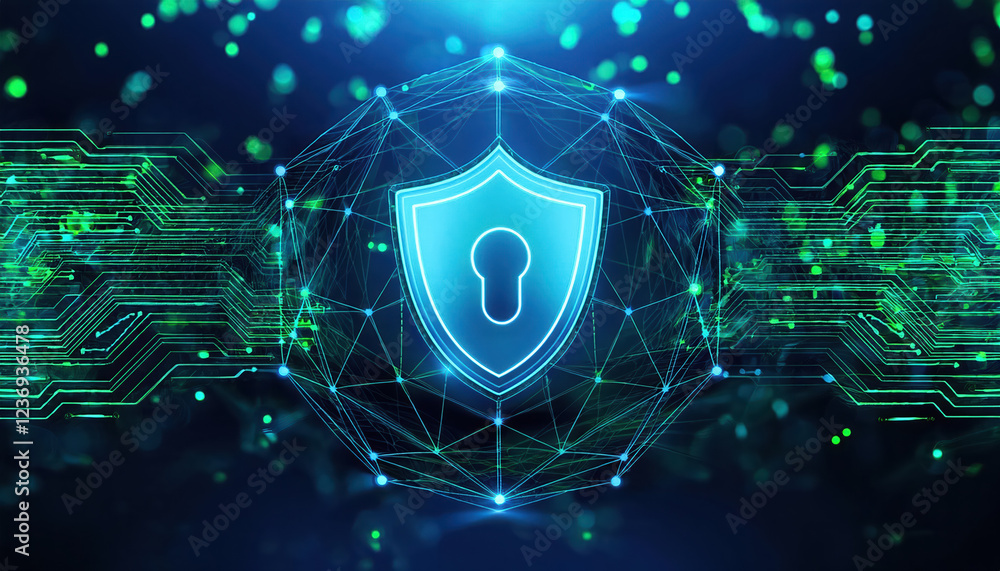 Poster futuristic concept of internet security featuring shield symbol, showcasing blockchain technology an
