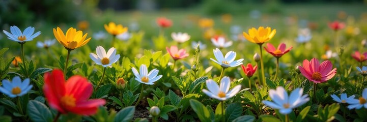 Fototapeta premium Forget me not flowers scattered on the ground, scattered flowers, wildflowers
