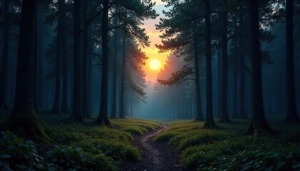 Obraz premium Forest at dusk with moonlight casting long shadows on the ground, landscape, ambiance, foliage