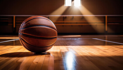 hardwood basketball resting on polished court, illuminated by sunlight