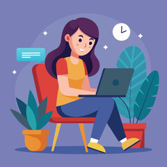 a girl is using his laptop vector
