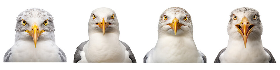 Obraz premium Seagull face shot isolated on transparent background, PNG, Set of