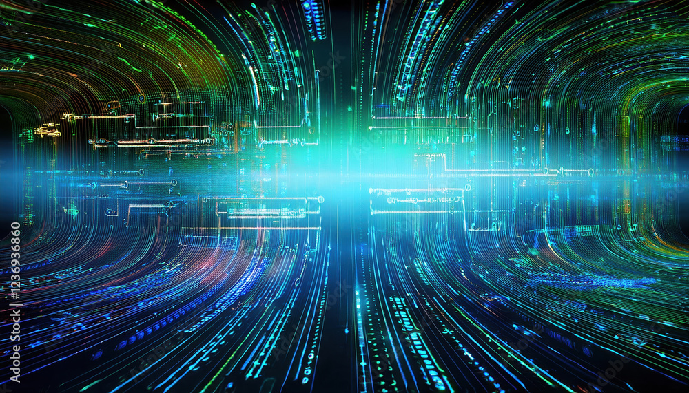 Poster colorful digital circuits and binary patterns create abstract background