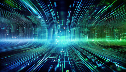 Digital circuits and binary patterns create vibrant abstract background