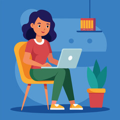 a girl is using his laptop vector