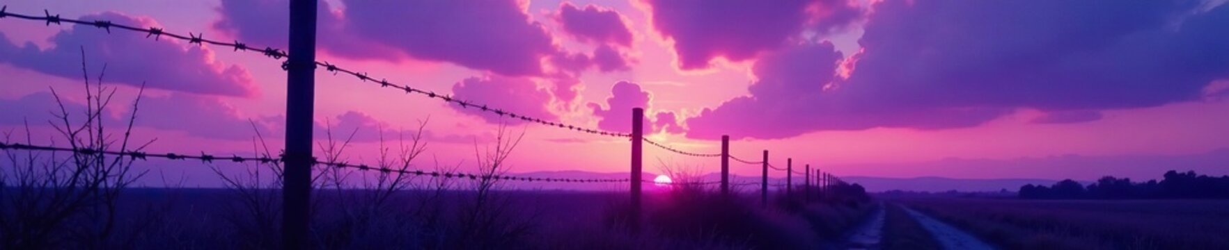 Twisted barbed wire fence against a purple twilight sky with clouds, wilderness, lonely