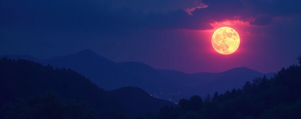 Fototapeta premium Dark blues and purples in the evening sky with a glowing full moon, dark, moody