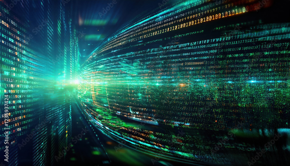 Poster abstract digital background with glowing binary code and lines of light