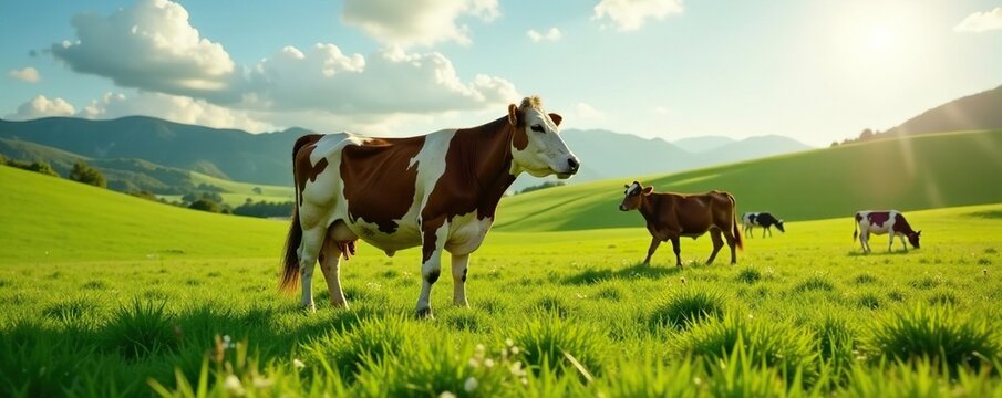 Moverse ganado Hereford en campo de pastura verde, campo,