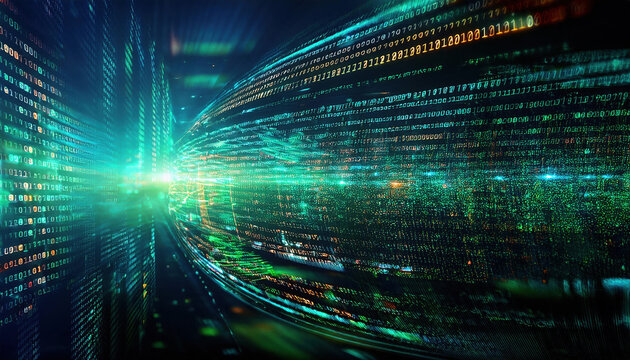 Abstract digital background with glowing binary code and lines of light