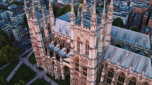 A breathtaking 4K ultra-HD aerial stock video capturing the awe-inspiring beauty of Chartres Cathedral in France,