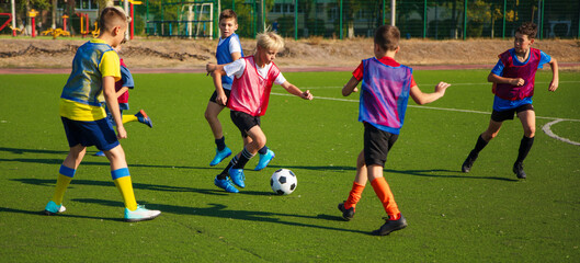 The photo shows a group of young soccer players in colorful jerseys on a green turf field. They are actively playing and competing for the ball, with some players in motion and others watching. © My Ocean studio