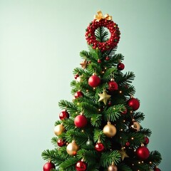 A colorful wreath placed at the top of a tall Christmas tree, festive, decorations, mistletoe
