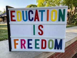Colorful "Education is Freedom" Sign, Inspirational Message on a White Board in a Sunny Outdoor Setting