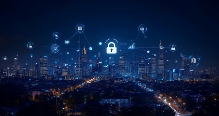 Night cityscape with digital security network overlay.