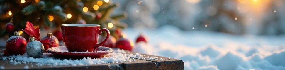 Obraz premium Frosty morning with coffee mug and Christmas tree, snow, baking, frosty morning