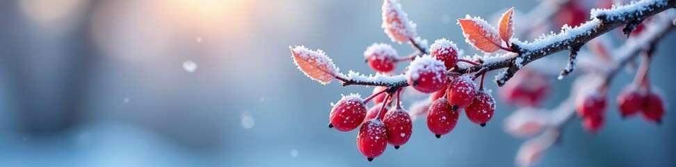 Frozen Aronia branches with delicate white hoarfrost, frozen, snow, frost