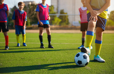 Fototapeta premium A group of young soccer players in colorful jerseys and shorts, practicing on a green field. One child is about to kick a soccer ball, while others stand ready for their turn.