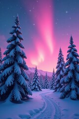Soft pink aurora borealis shines over snow-covered trees, aurora borealis, peaceful ambiance