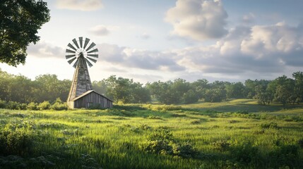 Serene Sunrise over Rural Landscape with Windmill and Rolling Green Fields