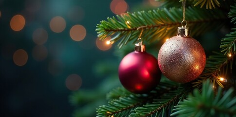 Glass balls in metallic colors on a spruce branch, festive lights, glowing details, elegant ambiance