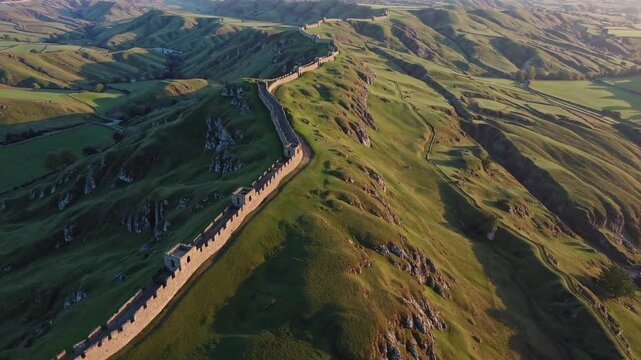 A breathtaking 4K ultra-HD aerial stock video capturing the historic grandeur of Hadrian&rsquo;s Wall in England,