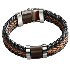 Luxury Men's Bracelet with Braided Leather and Metal Isolated on Transparent or blank Background, PNG