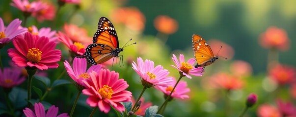 A colorful array of butterflies flitting around a garden full of blooming flowers, flowers, array