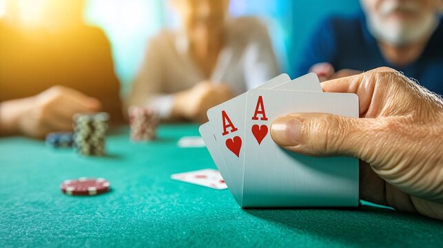 Close-Up of Elderly Hands Playing Cards at a Table with Friends