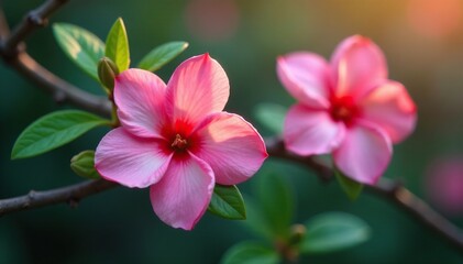 Delicate flower petals intertwined with twigs, lush, foliage