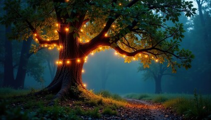 Eine Lichterkette um einen alten, verfallenen Baum gewickelt, wald, krippe, feiertage